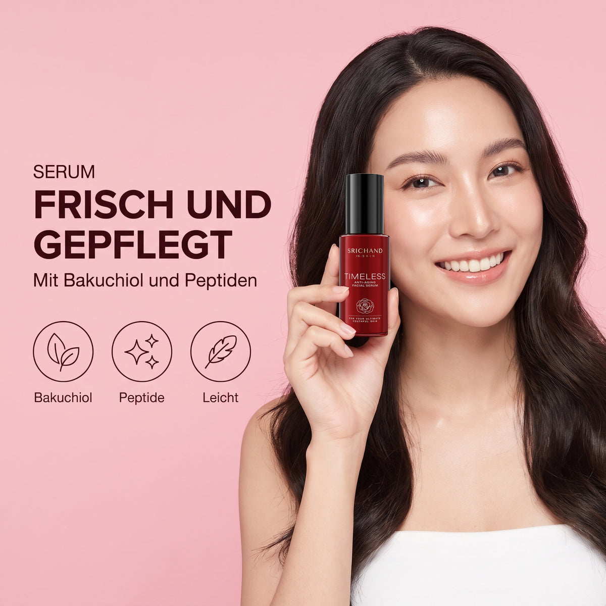 Srichand Timeless Anti-Aging Facial Serum 30 ml | model with product