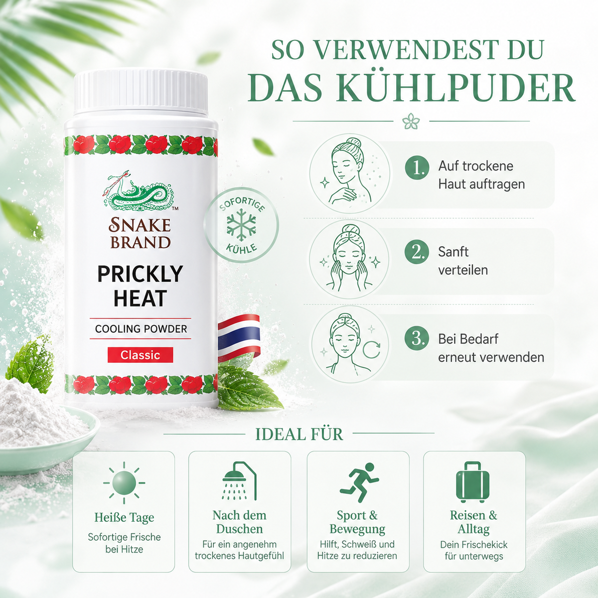 Snake Brand Prickly Heat Cooling Powder – Original Thai Kühlpuder