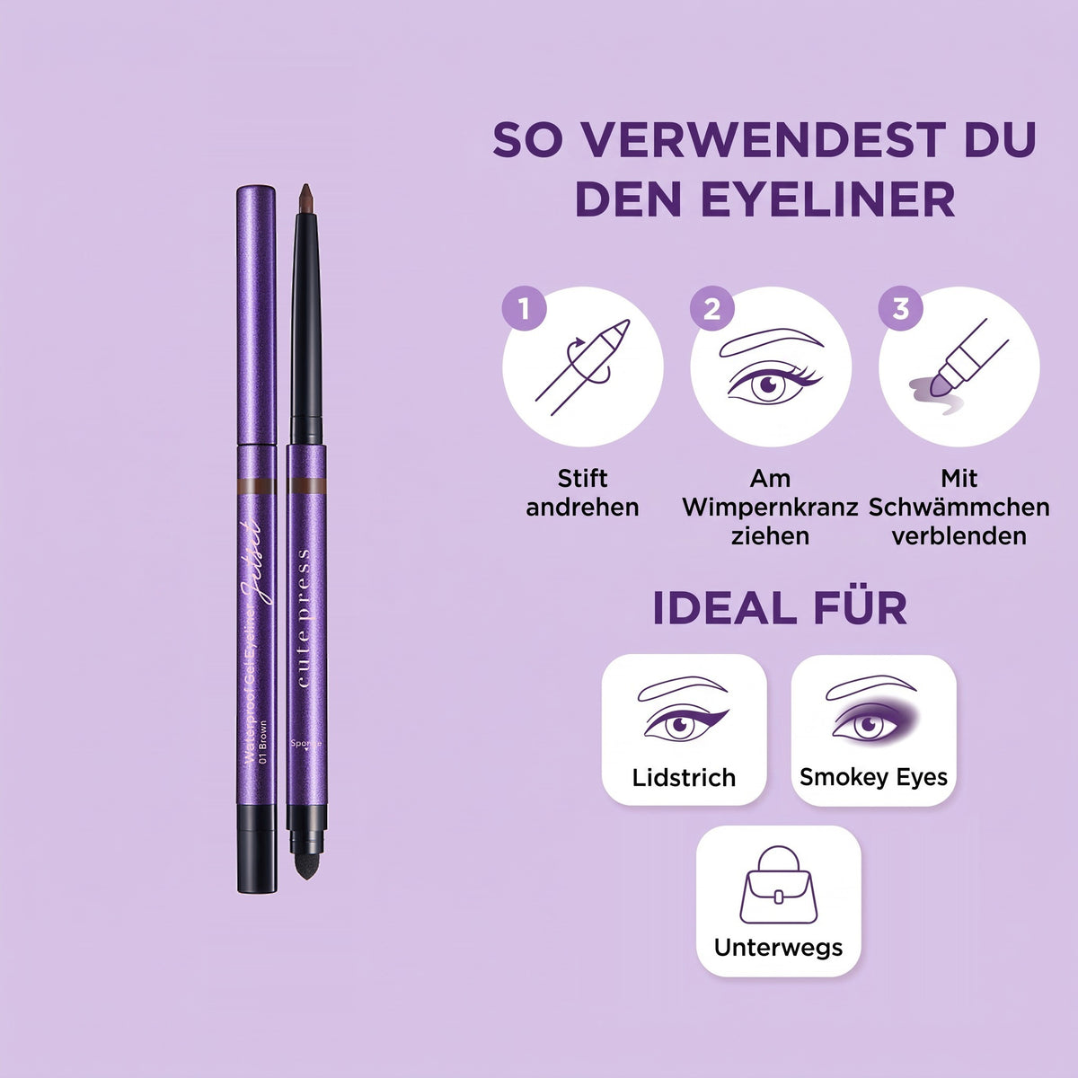 Cute Press Jet Set Waterproof Gel Eyeliner 0,25 g | 01 Brown | How to use