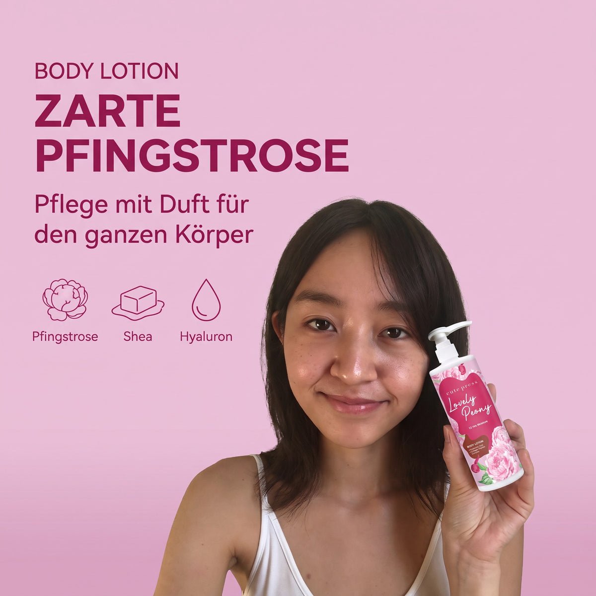 Cute Press Lovely Peony Body Lotion 490 ml | Model with product