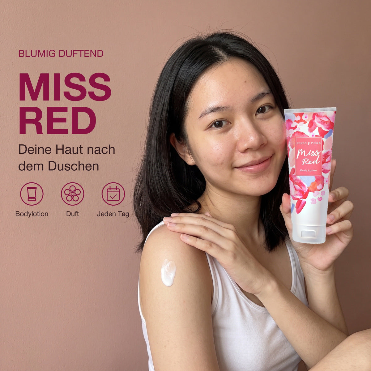 Cute Press Miss Red Body Lotion 250 g | Model with product