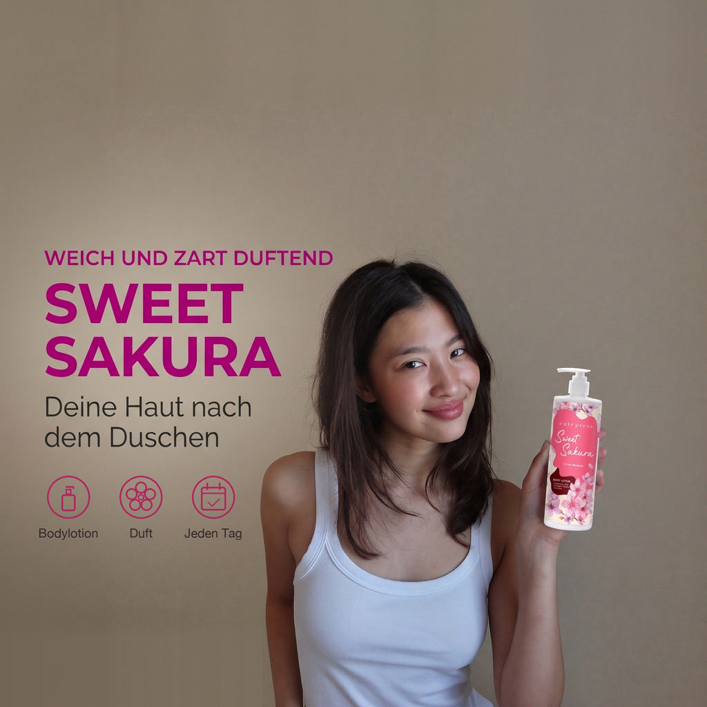Cute Press Sweet Sakura Body Lotion 490 ml | Model with product