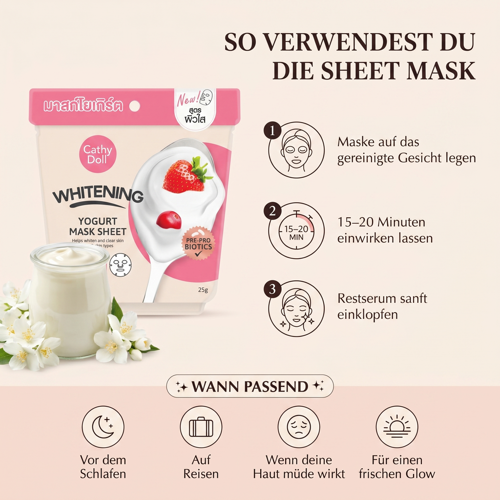 So verwendest du die Cathy Doll Yogurt Sheet Mask – Anwendung in 3 Schritten