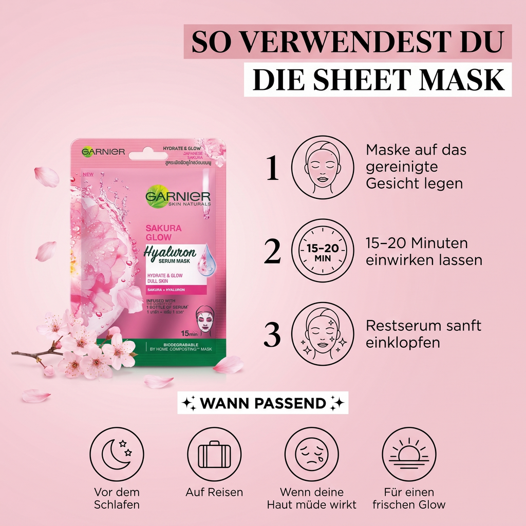 So verwendest du die Garnier Sakura Sheet Mask – Anwendung in 3 Schritten