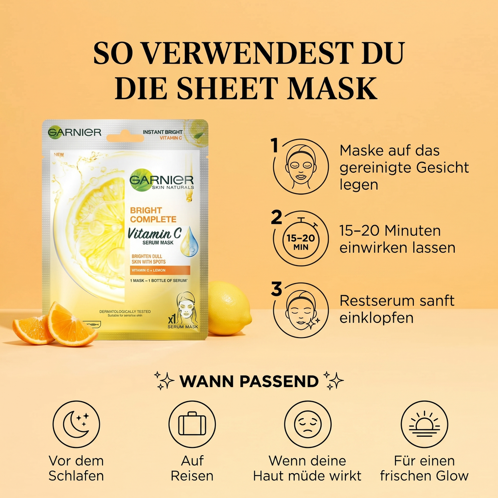 So verwendest du die Garnier Vitamin C Sheet Mask – Anwendung in 3 Schritten