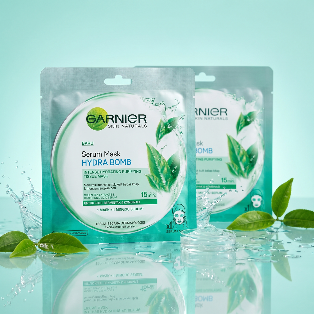 Garnier Hydra Bomb Serum Sheet Mask – Produktbild mit Wassersplash und grünen Blättern
