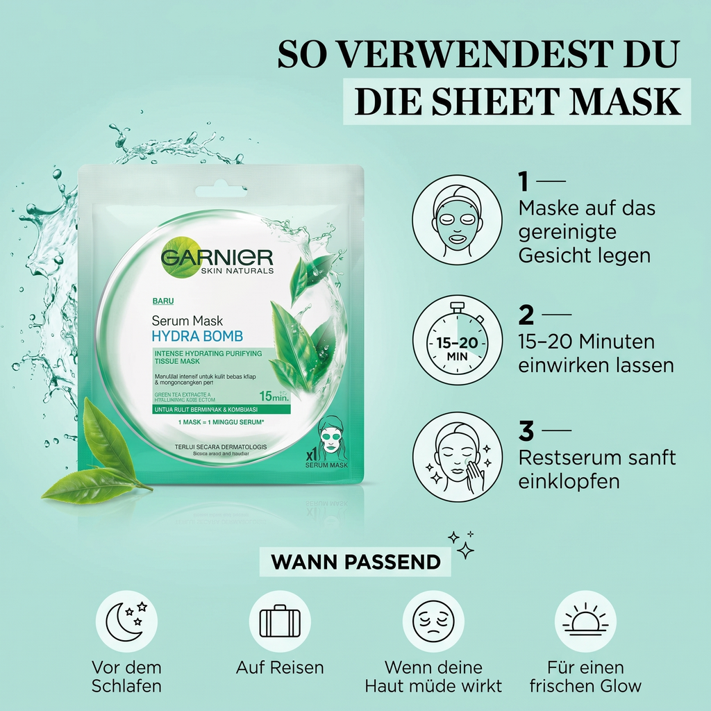 So verwendest du die Garnier Hydra Bomb Sheet Mask – Anwendung in 3 Schritten