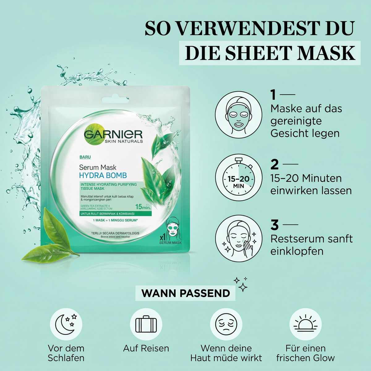 So verwendest du die Garnier Hydra Bomb Sheet Mask – Anwendung in 3 Schritten