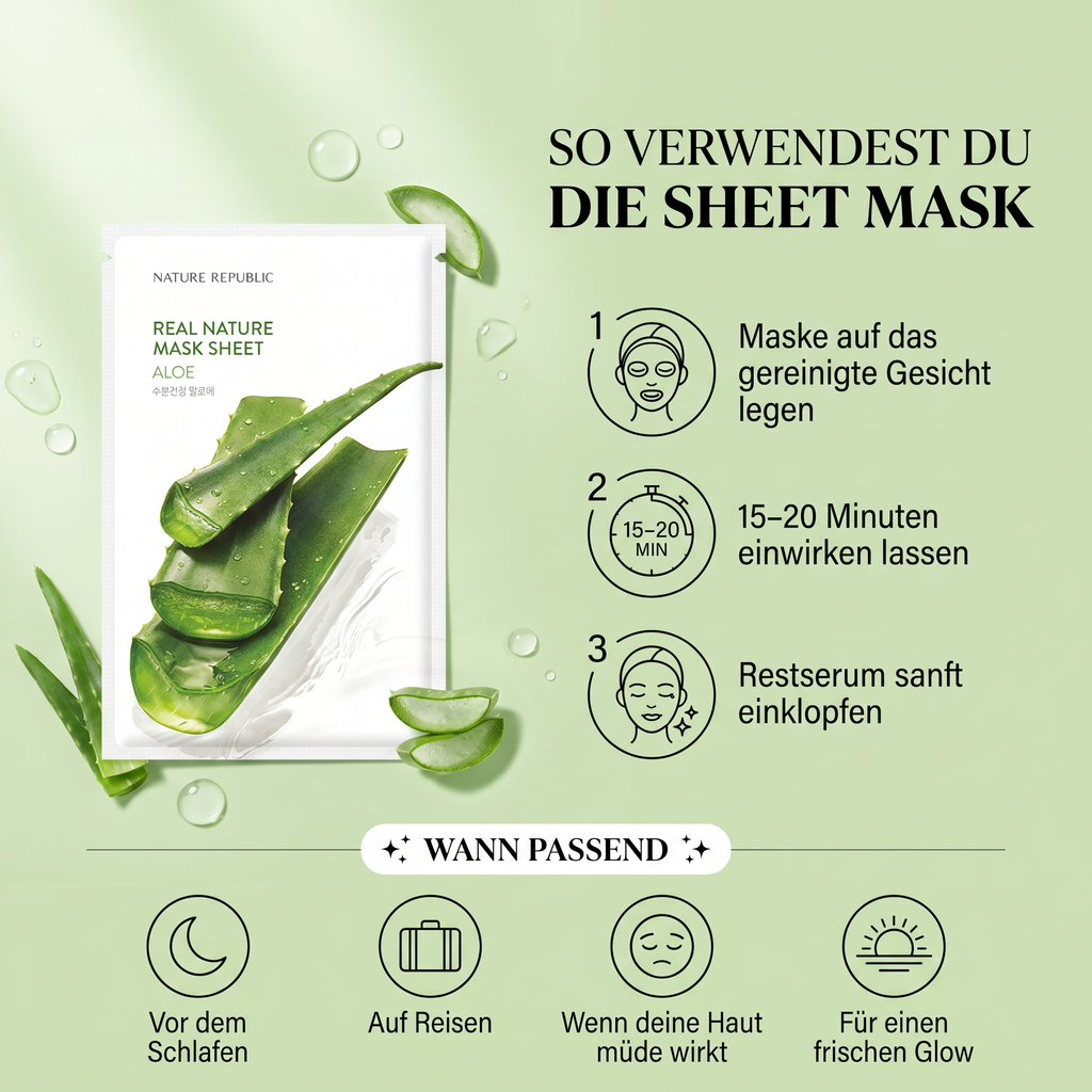 So verwendest du die Nature Republic Aloe Sheet Mask – Anwendung in 3 Schritten