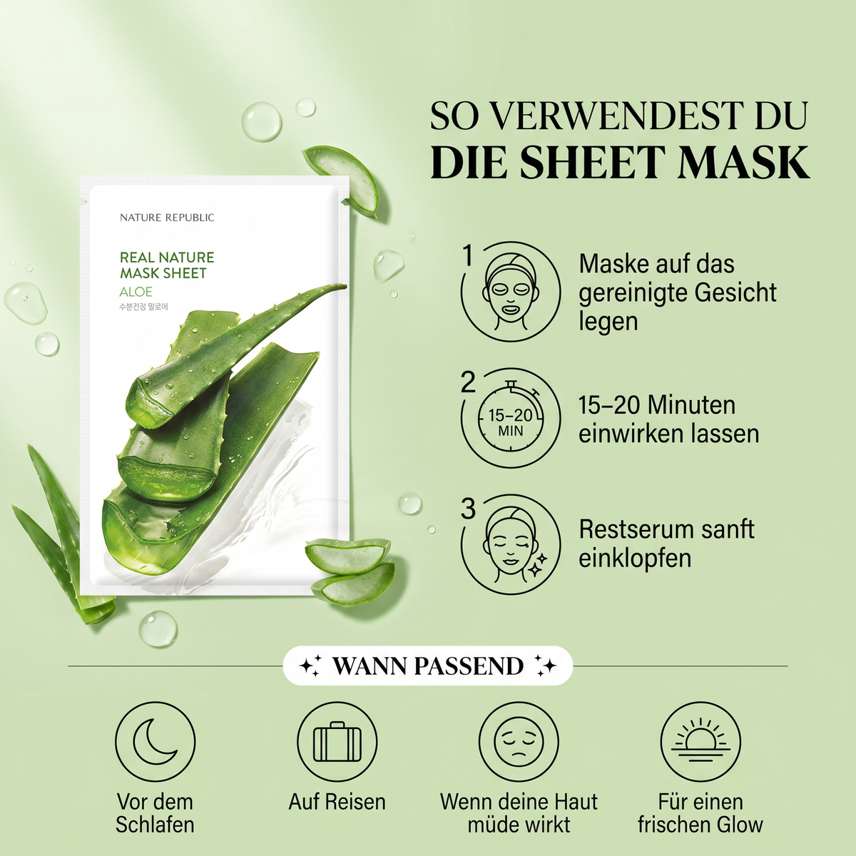 So verwendest du die Nature Republic Aloe Sheet Mask – Anwendung in 3 Schritten