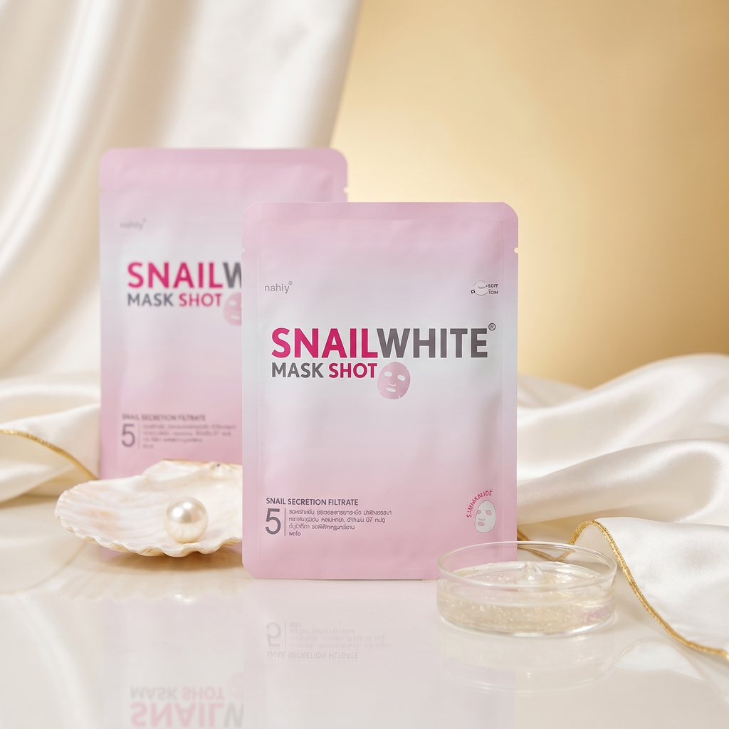 SnailWhite Mask Shot Sheet Mask – Produktbild mit Perlmutt und Seide