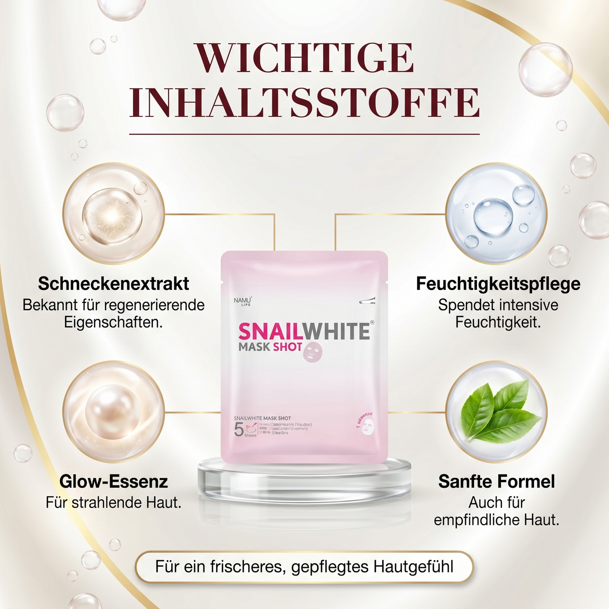 Wichtige Inhaltsstoffe der SnailWhite Mask Shot – Schneckenextrakt und Glow-Essenz