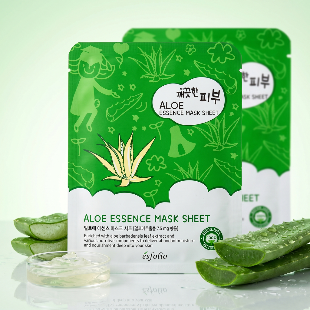 Esfolio Pure Skin Aloe Essence Mask Sheet – Produktbild mit Aloe-Blättern
