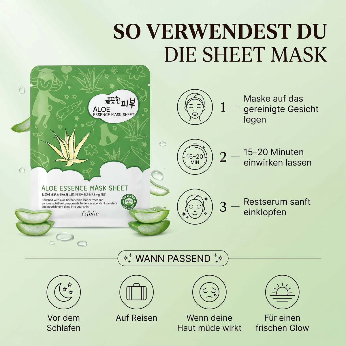 So verwendest du die Esfolio Aloe Sheet Mask – Anwendung in 3 Schritten