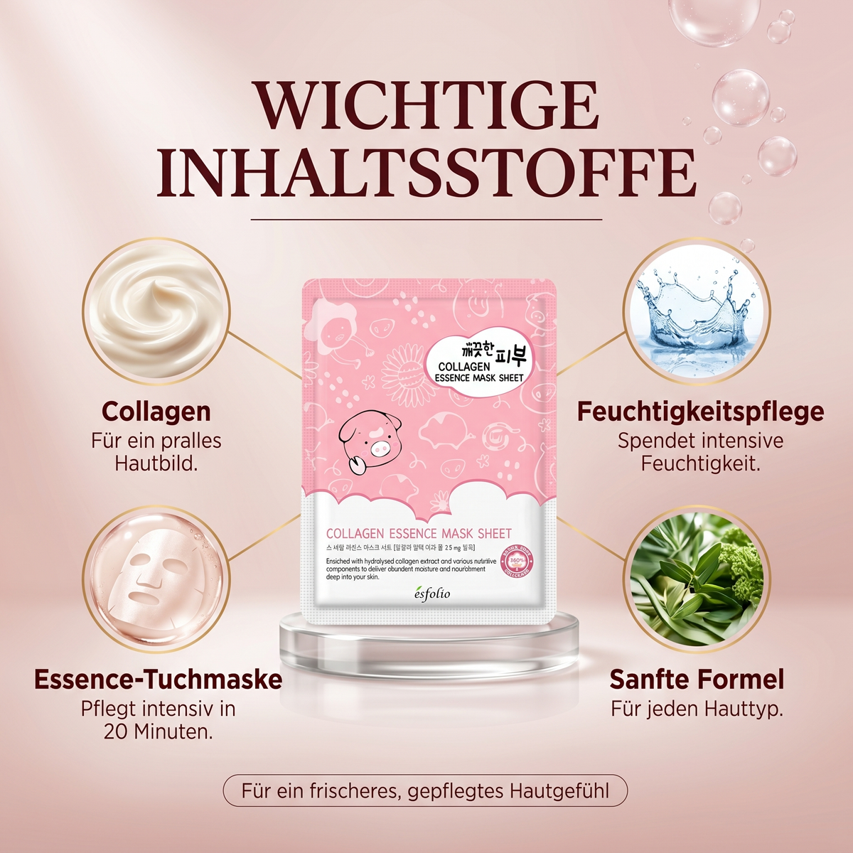 Wichtige Inhaltsstoffe – Collagen, Feuchtigkeitspflege, Essence-Tuchmaske