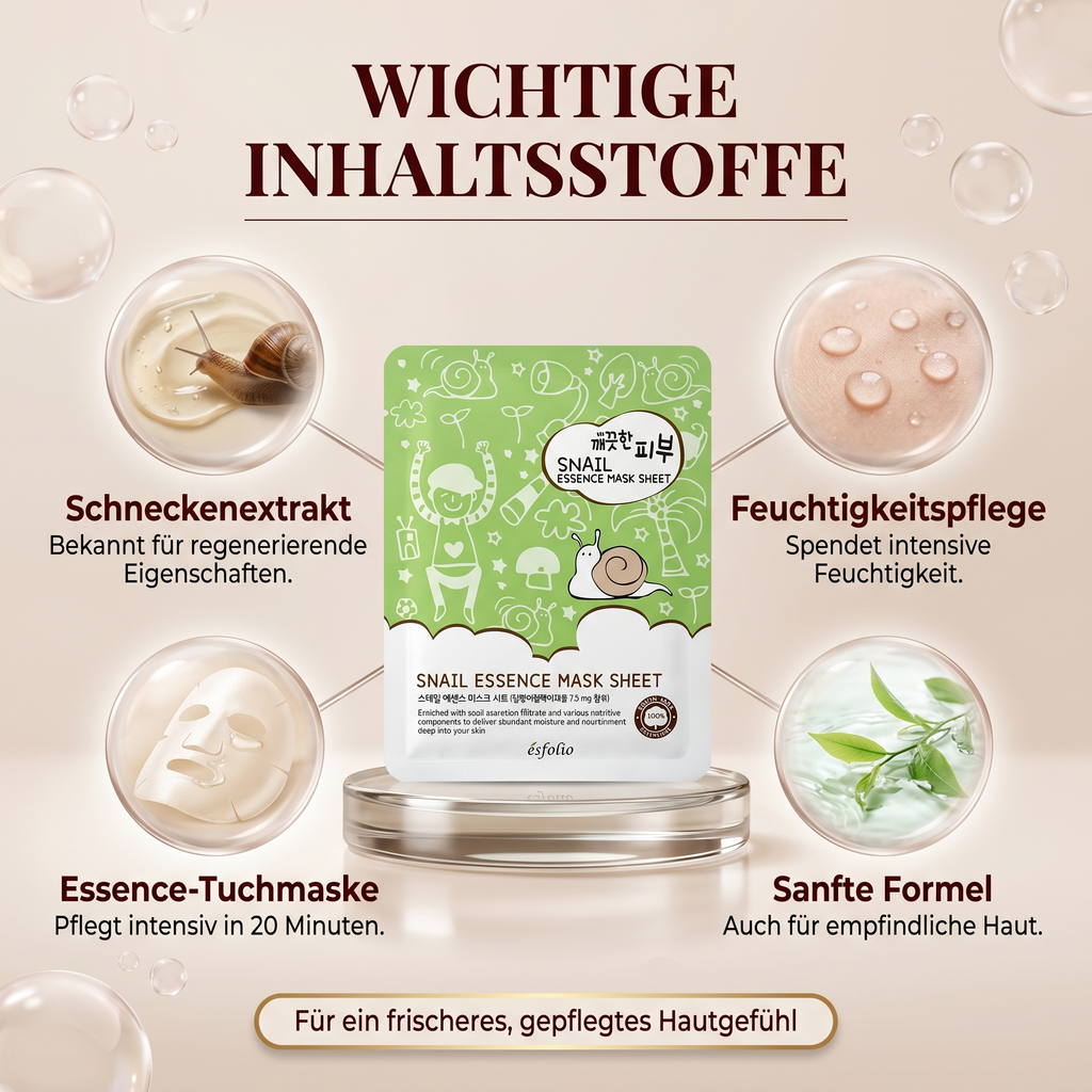 Wichtige Inhaltsstoffe – Schneckenextrakt, Feuchtigkeitspflege, Essence-Tuchmaske
