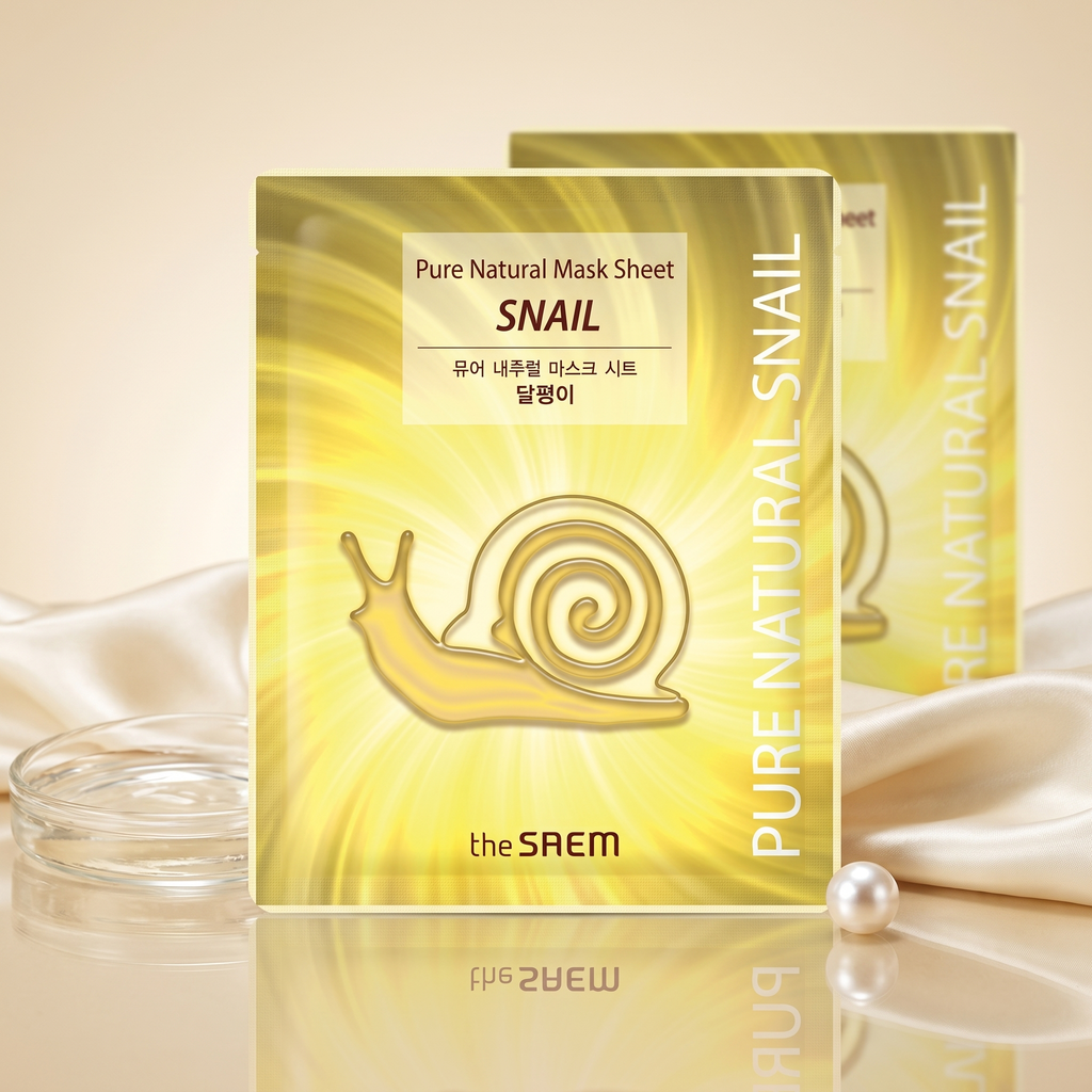 The Saem Pure Natural Mask Sheet Snail – Produktfoto auf glänzender Fläche