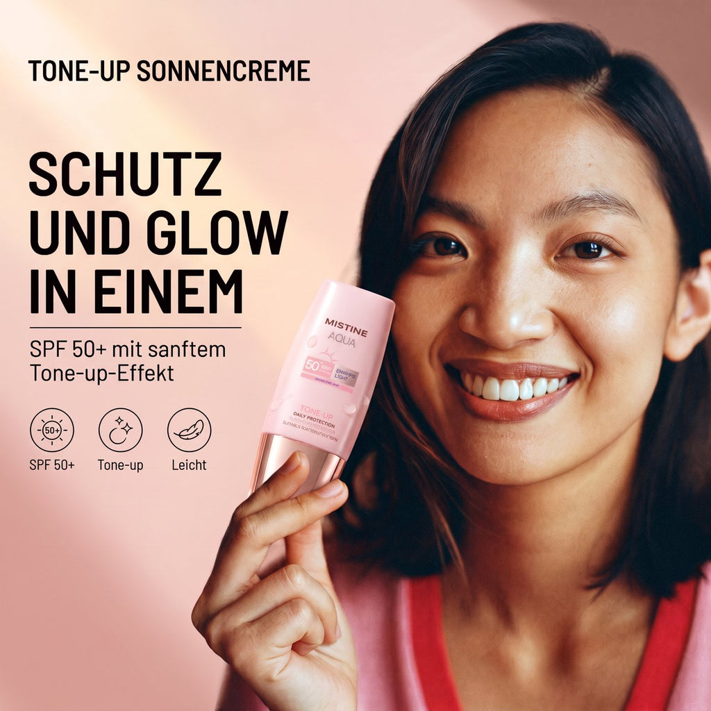 Mistine Tone-Up Sunscreen SPF50+ (Pink Cap) – Model with product