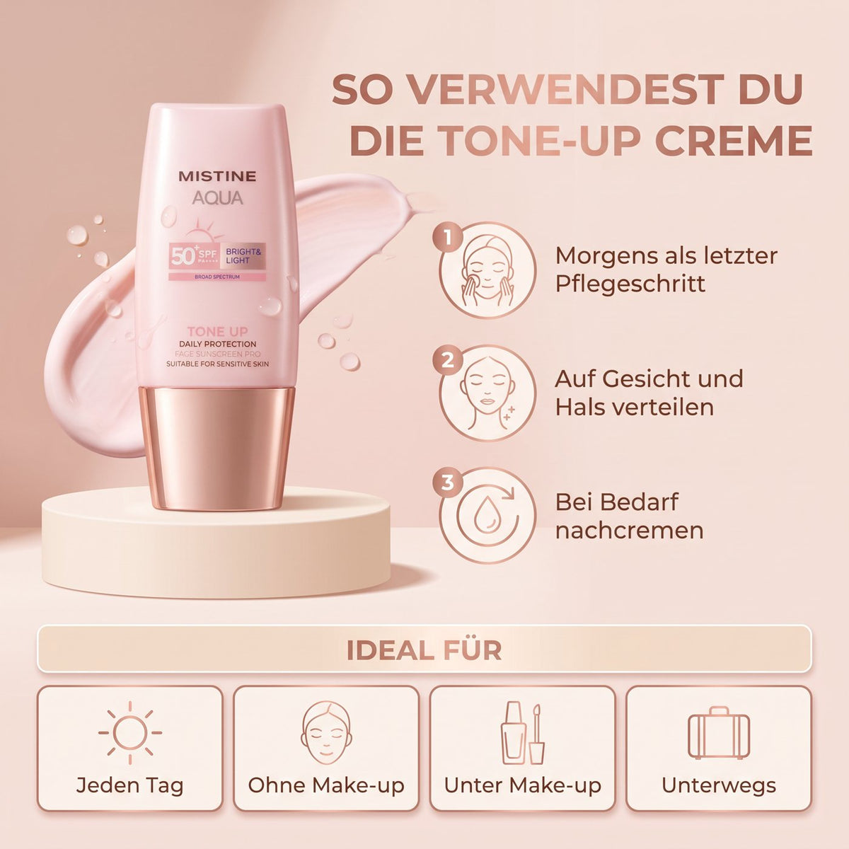 Mistine Tone-Up Sunscreen SPF50+ (Pink Cap) – How to use