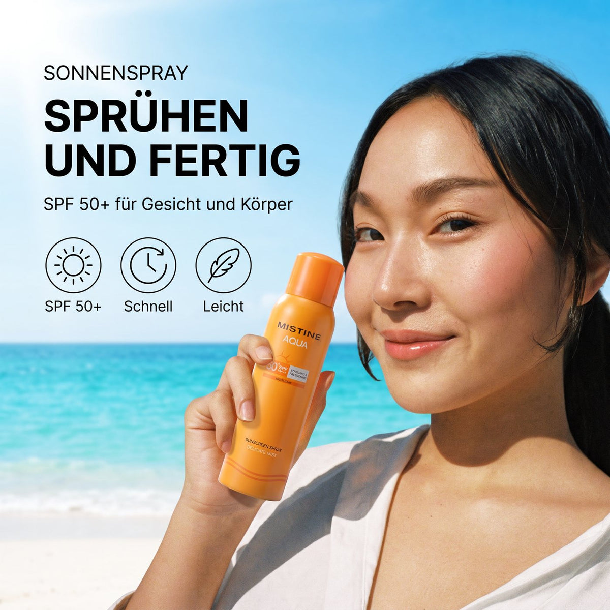 Mistine Sun Spray SPF50+ PA++++ – Model with product