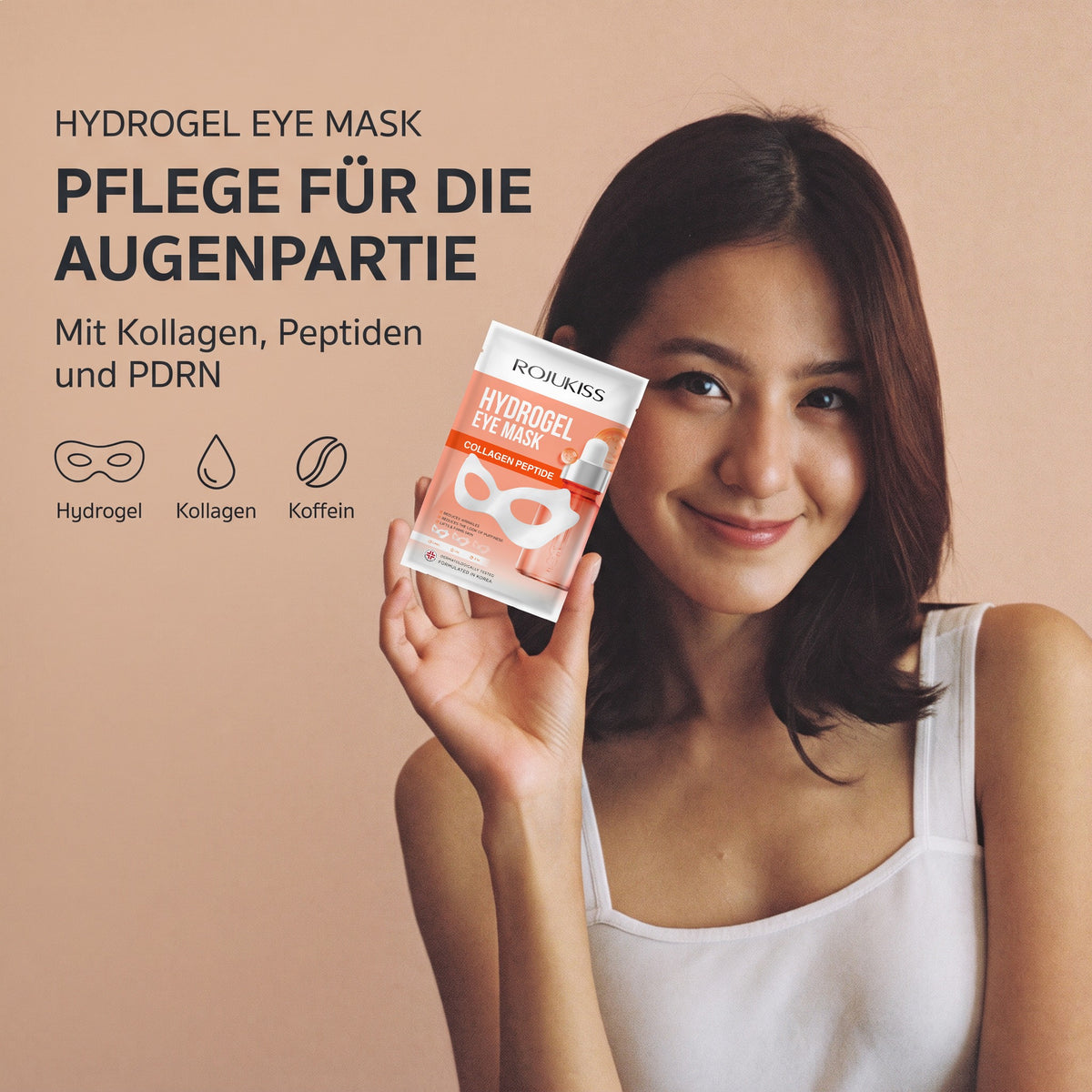 Rojukiss Collagen Peptide Hydrogel Eye Mask (15 g) | Model with product