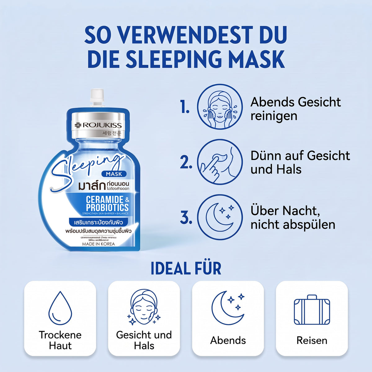 Rojukiss Sleeping Mask Ceramide & Probiotics Sachet (20 ml) | How to use