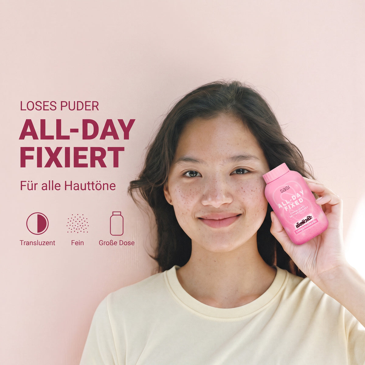 Sasi All-Day Fixed Translucent Setting Powder 50 g | Model with product