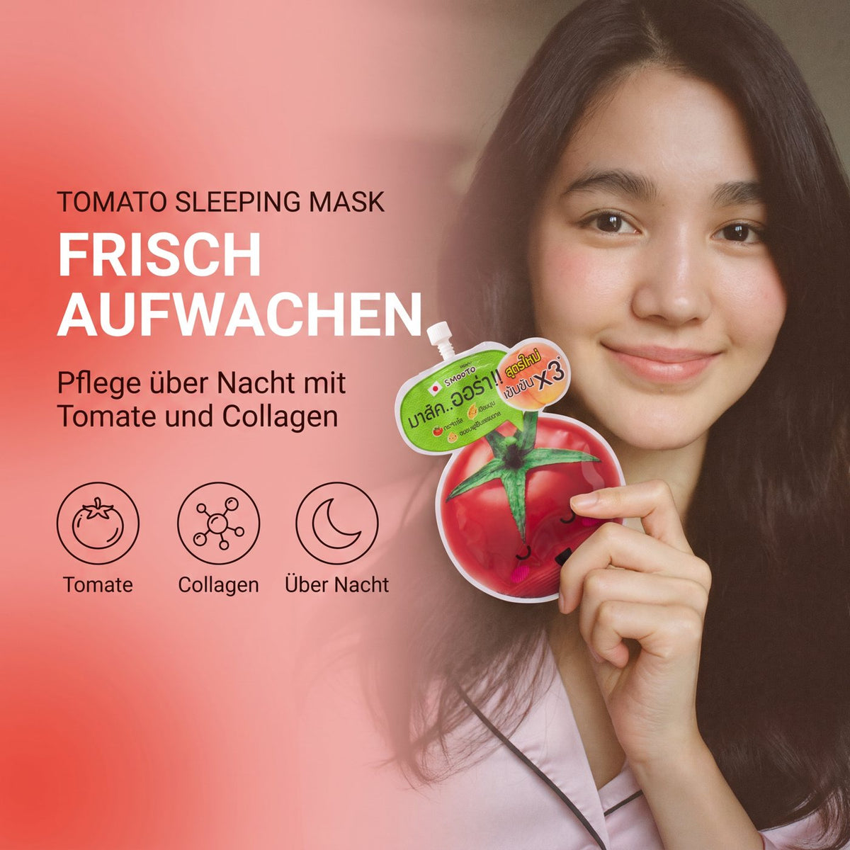 Smooto Tomato Collagen Sleeping Mask (10 g) | Model with product