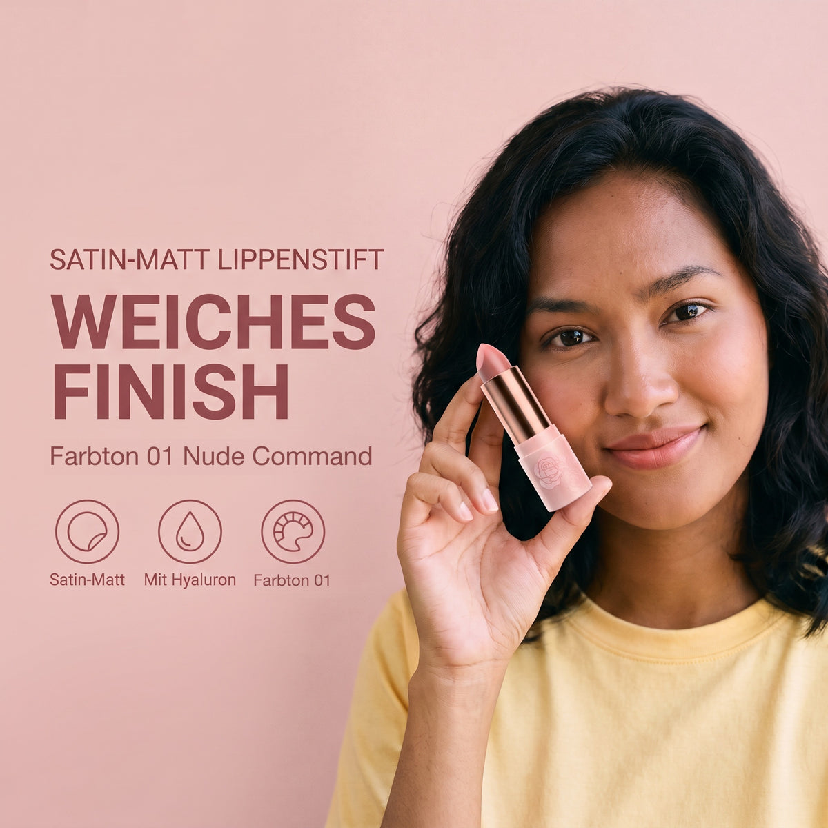 Srichand Enchanted Charming Satin Matte Lipstick 3.5 g | 01 Nude Command | Model with product