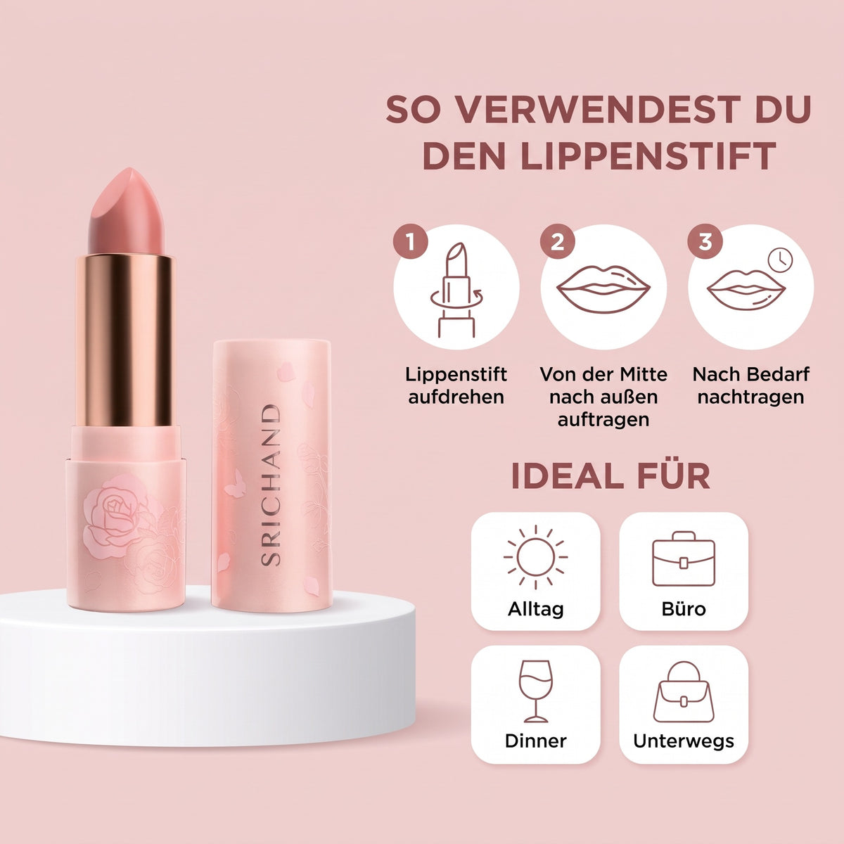 Srichand Enchanted Charming Satin Matte Lipstick 3.5 g | 01 Nude Command | How to use