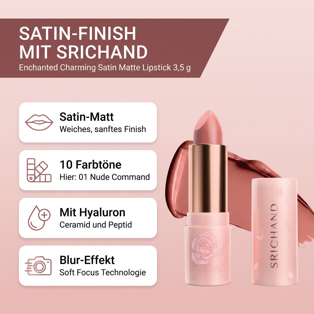 Srichand Enchanted Charming Satin Matte Lipstick 3.5 g | 01 Nude Command | Benefits