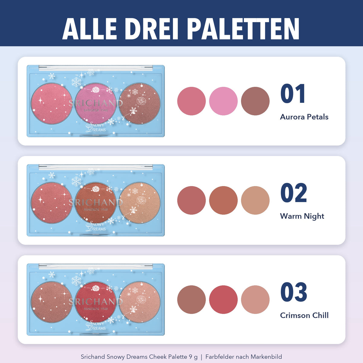 Srichand Snowy Dreams Cheek Palette 9 g | Alle drei Paletten